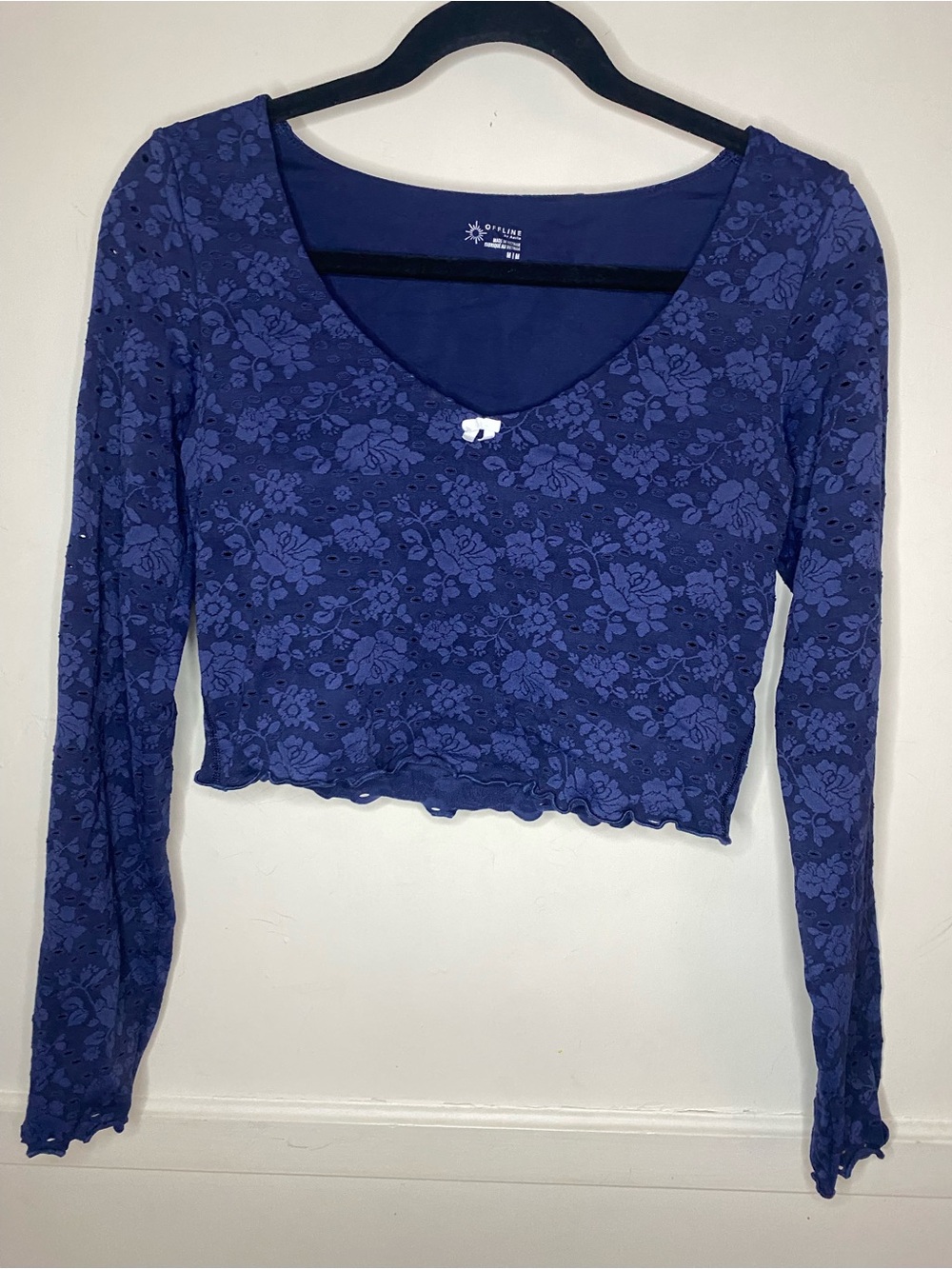 Aerie offline Top- Floral Lace Long Sleeve Crop Top in Navy